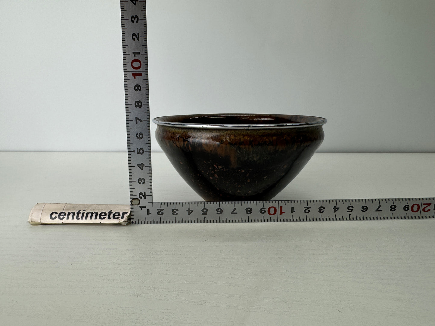 Y9129 CHAWAN Mino-ware Tenmoku bowl silver rim Japan antique tea ceremony cup