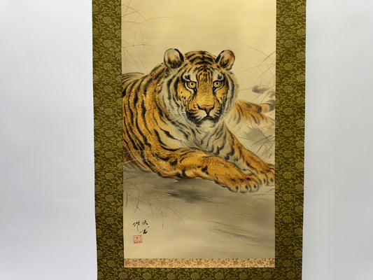Y9138 KAKEJIKU Tiger signed box Japan antique hanging scroll interior decor art