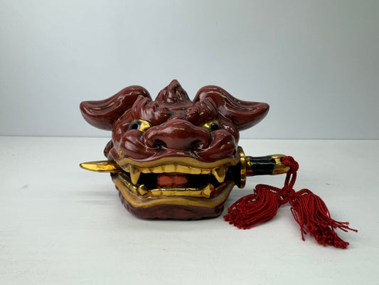 Y9149 OKIMONO Kutani-ware Lion head figurine signed Japan antique interior decor