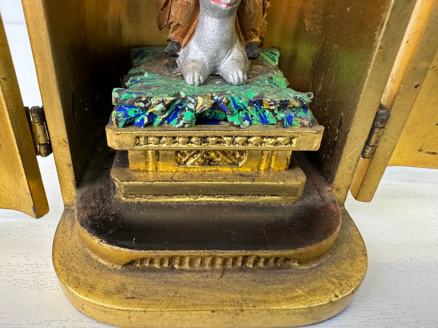 Y9185 STATUE Dakiniten goddess figure shrine Inari fox wooden box Japan antique