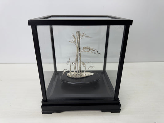 Y9198 OKIMONO Pure Silver Bamboo figure glass case Japan antique interior decor