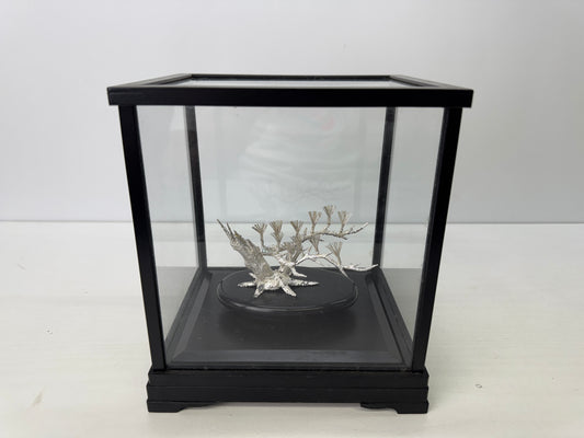 Y9199 OKIMONO Pure Silver Pine figure glass case Japan antique interior decor
