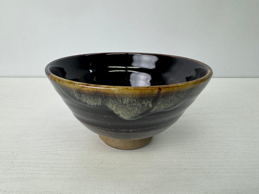 Y9217 CHAWAN Akogi-ware flat bowl signed Japan antique tea ceremony cup pottery