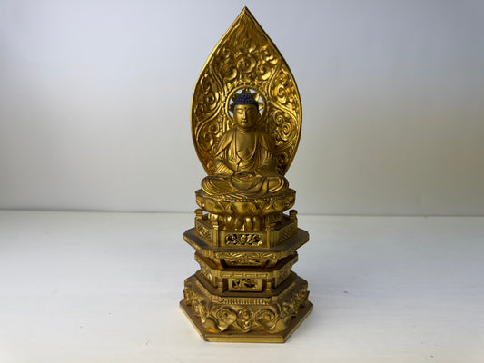 Y9235 STATUE Buddha figurine seated Amida wood carving gold leaf Japan antique