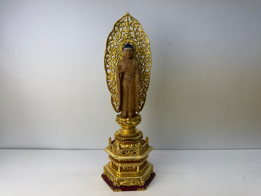 Y9236 STATUE Buddha figurine plain wood gold leaf openwork Halo Japan antique