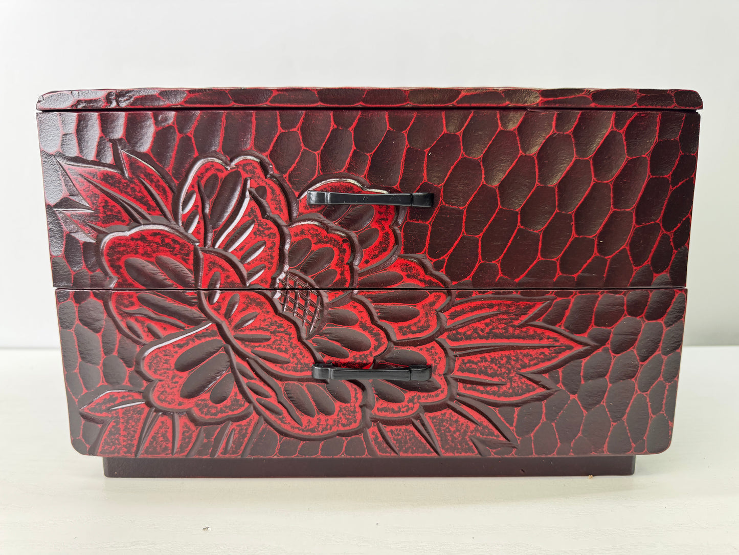 Y9269 TANSU Kamakura carving 2-tier small chest of drawers box Japan antique