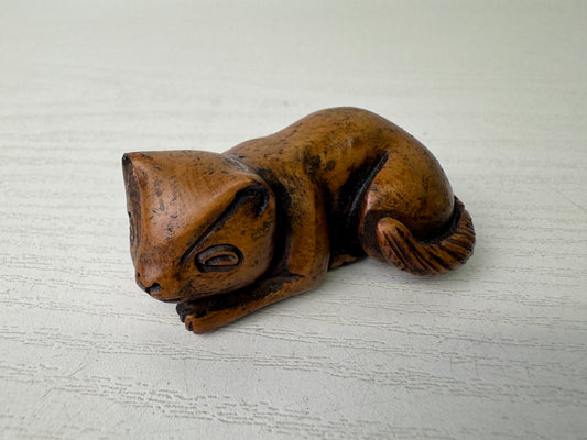 Y9298 NETSUKE wood carving Cat figure Japan antique kimono accessory fashion