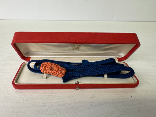 Y9323 OBIDOME Genuine coral sash clip brooch box Japan antique kimono accessory