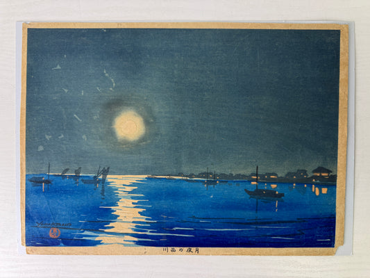Y9330 WOODBLOCK PRINT Moonlit night in Shinagawa signed Japan Ukiyoe antique art