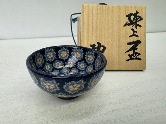 Y9341 CHAWAN Mino-ware sake cup Neriage signed box Japan antique tableware