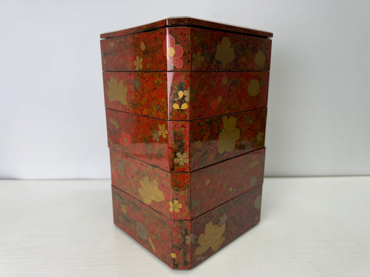 Y9350 BOX Wakasa lacquer Makie 5-tiered container Japan antique case storage