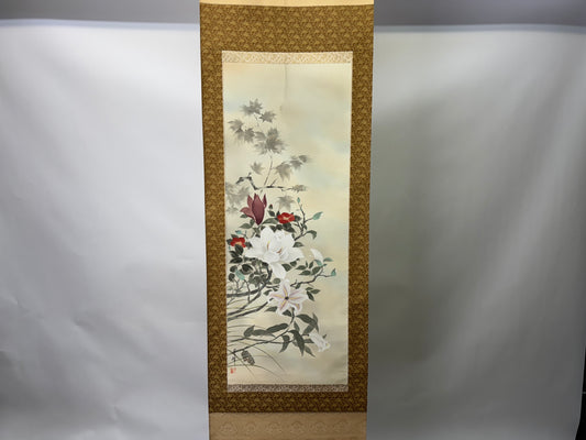 Y9371 KAKEJIKU Flower signed Japan antique hanging scroll interior decor art