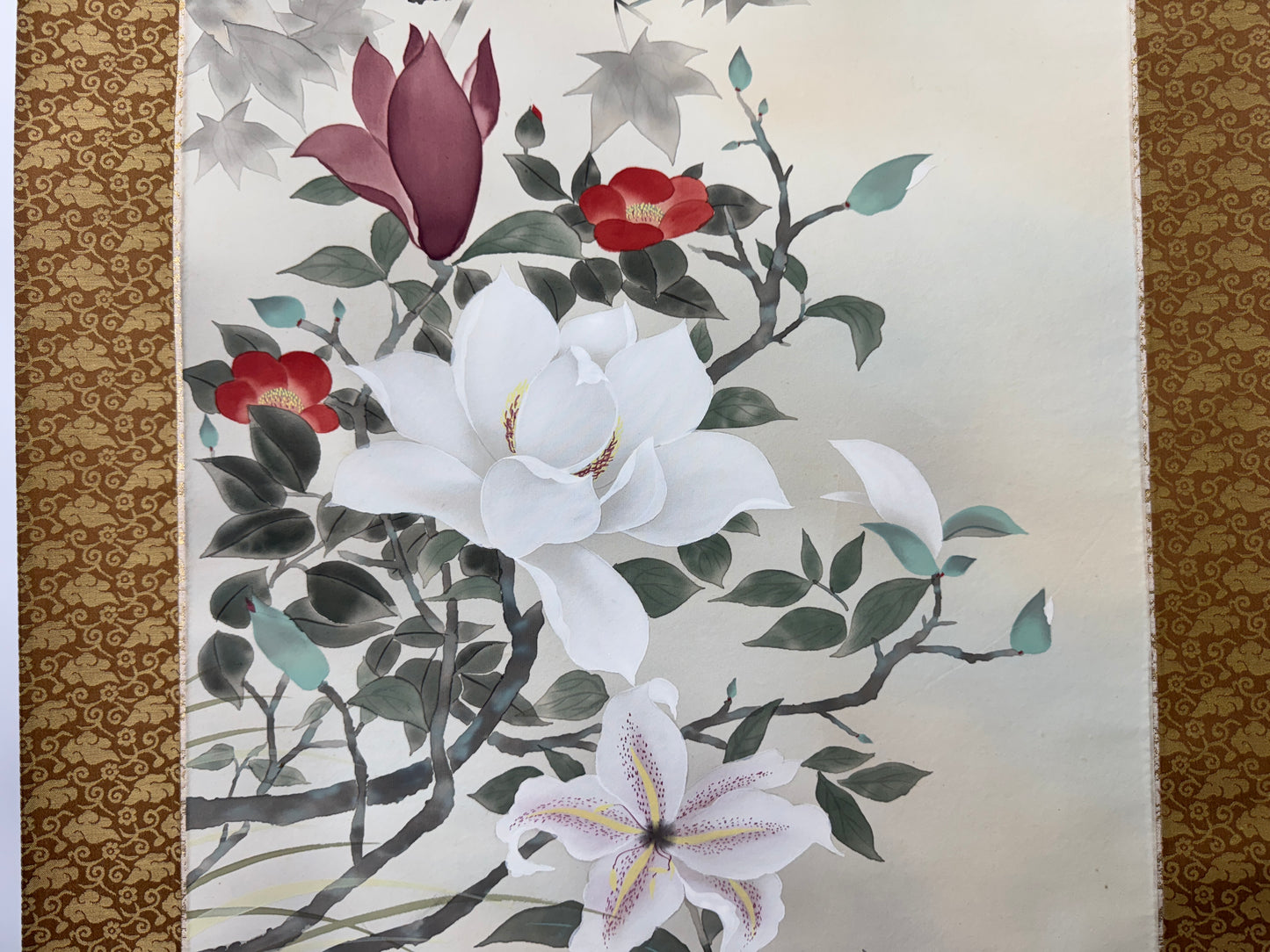 Y9371 KAKEJIKU Flower signed Japan antique hanging scroll interior decor art