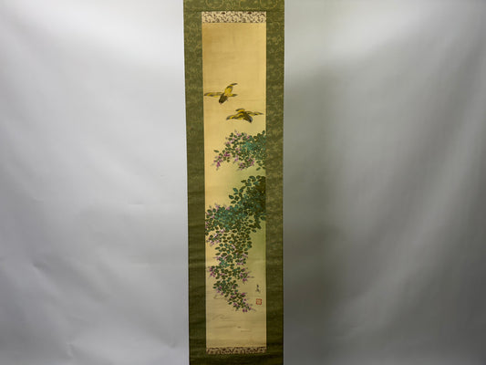 Y9372 KAKEJIKU Flower Bird signed box Japan antique hanging scroll interior art