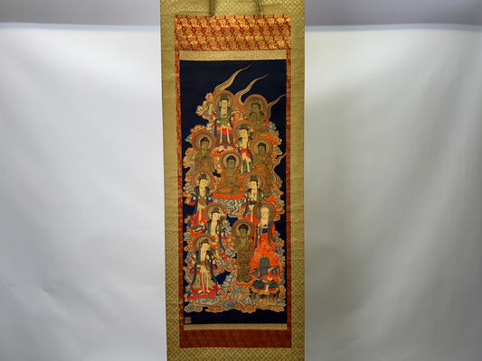 Y9373 KAKEJIKU 13 Buddhas signed box Buddhist Japan antique hanging scroll art