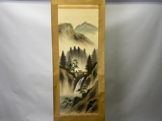 Y9375 KAKEJIKU Landscape signed box colored Japan antique hanging scroll art