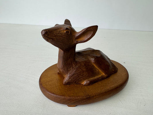 Y9391 OKIMONO metal Deer figurine signed wooden base Japan antique interior