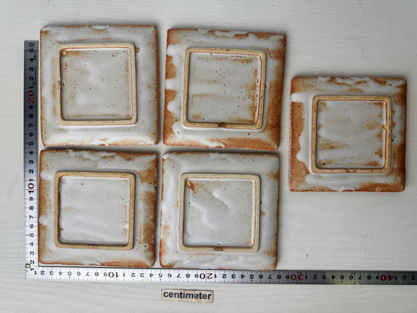 Y9397 DISH Shino-ware 5 Serving plates square signed box Japan antique tableware