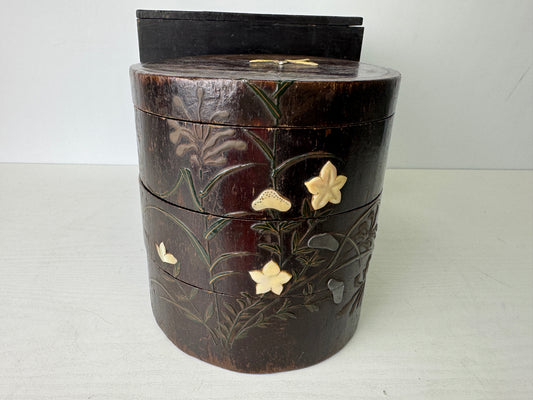Y9407 BOX Shibayama craft Makie inlay wooden Japan antique container storage