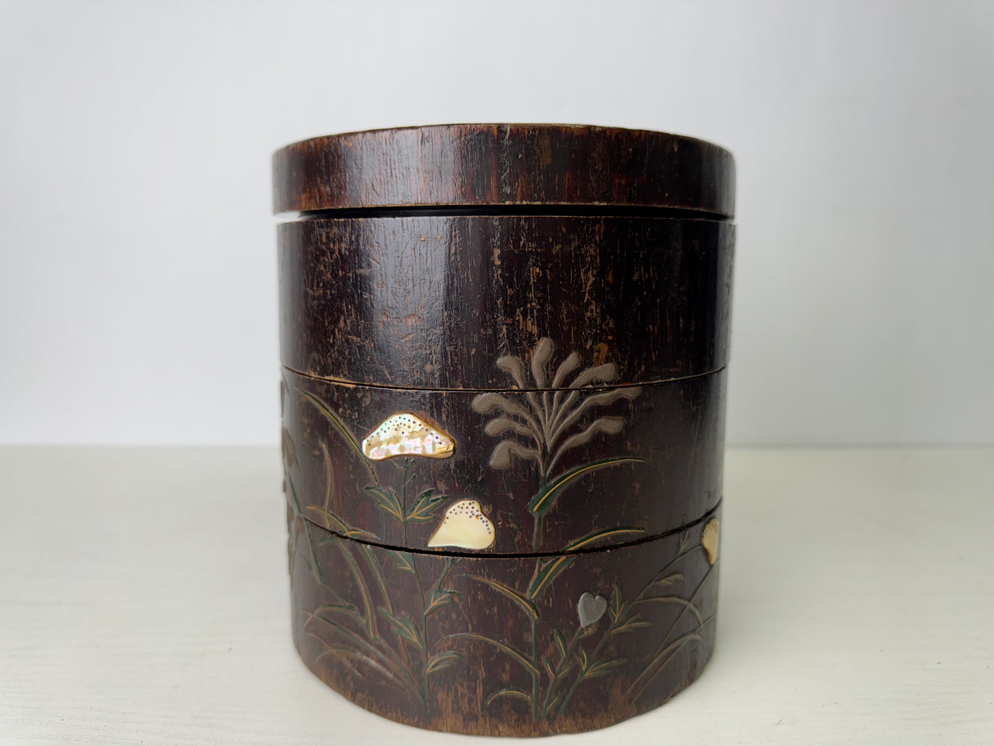 Y9407 BOX Shibayama craft Makie inlay wooden Japan antique container storage