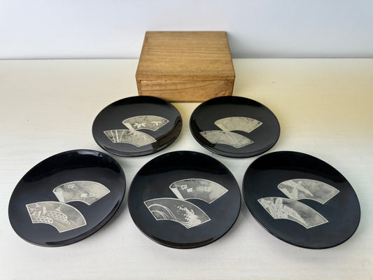 Y9411 DISH Fan silver Makie serving plate box Japan antique tableware kitchen