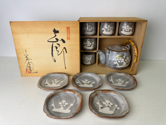 Y9414 CHAWAN Shino-ware Sencha tea teapot cup dish set signed box Japan antique