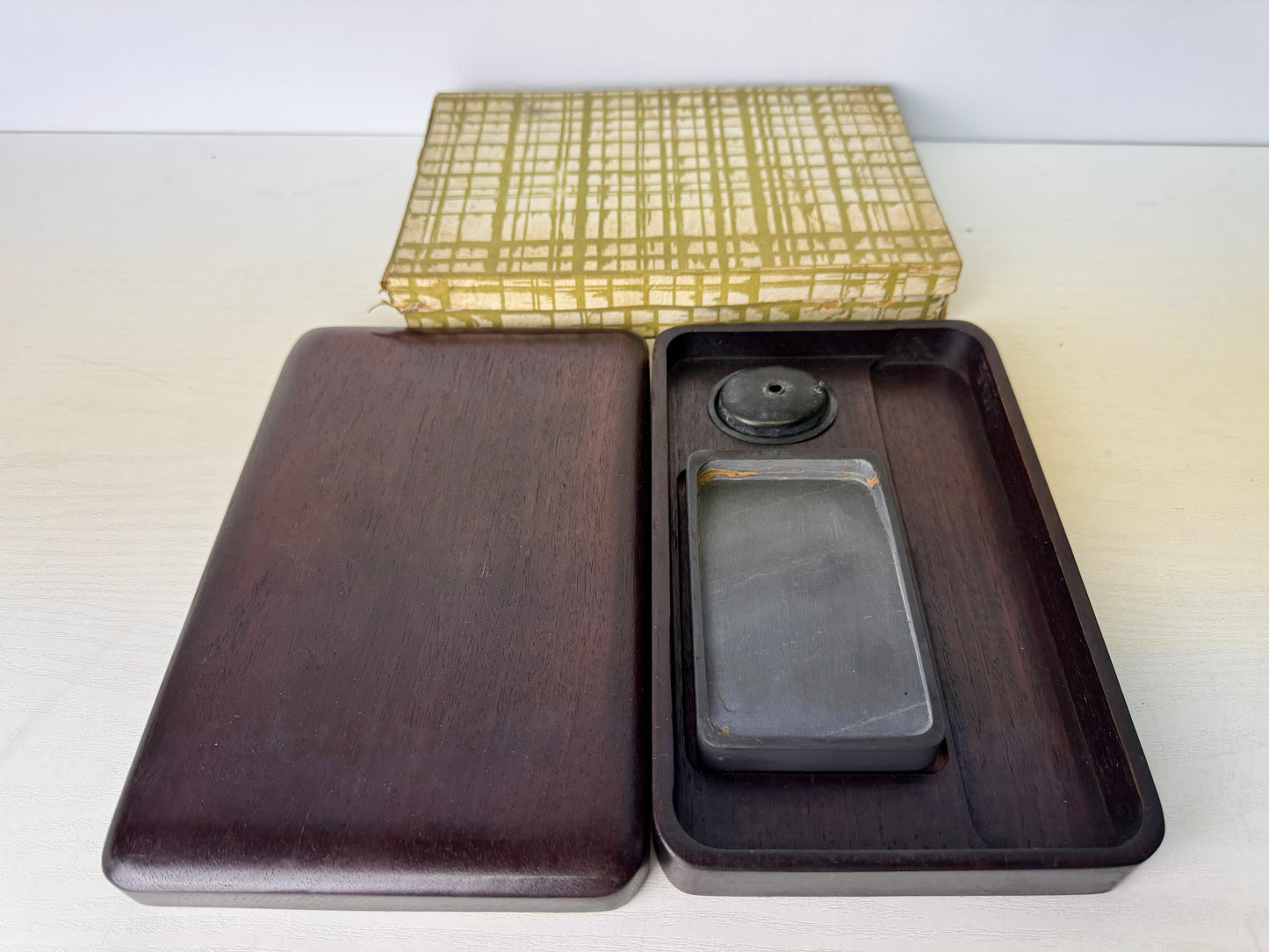 Y9417 BOX Suzuri inkstone case Karaki wood stationery Japan antique container