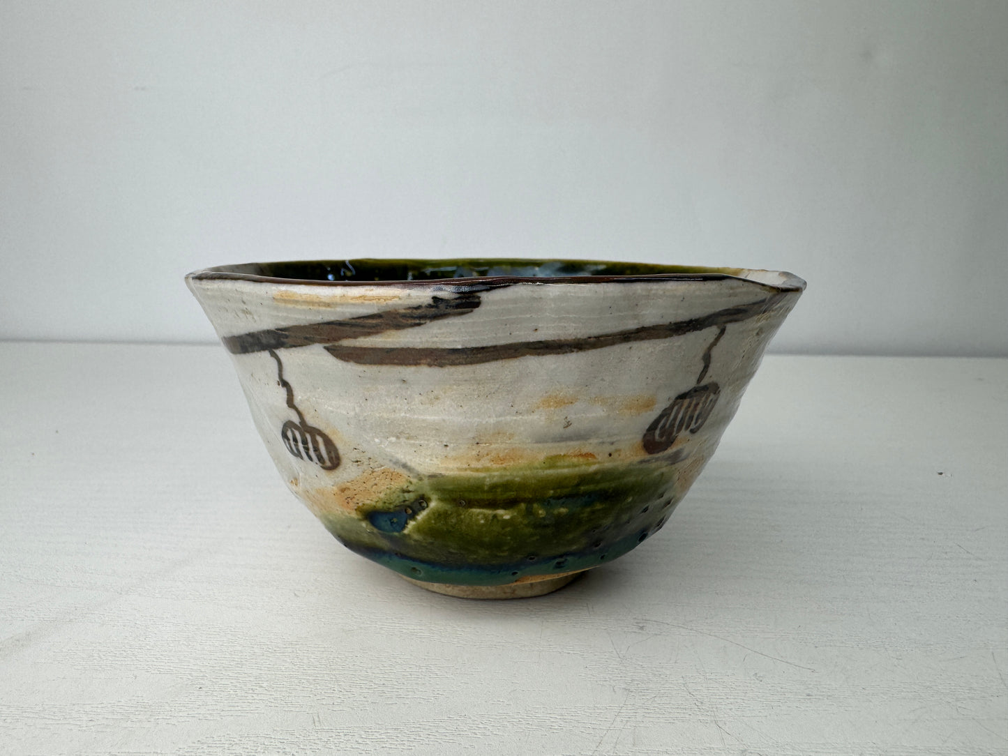 Y9432 CHAWAN Oribe-ware bowl signed box Japan antique tea ceremony teacup cup