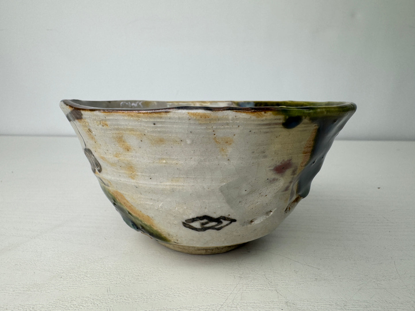 Y9432 CHAWAN Oribe-ware bowl signed box Japan antique tea ceremony teacup cup