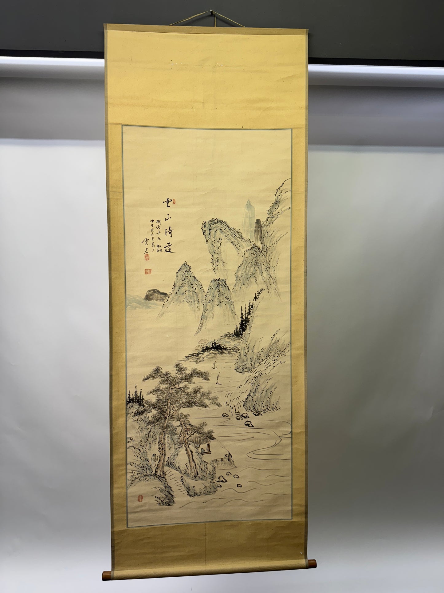 Y9436 KAKEJIKU Landscape signed Meiji period Japan antique hanging scroll art