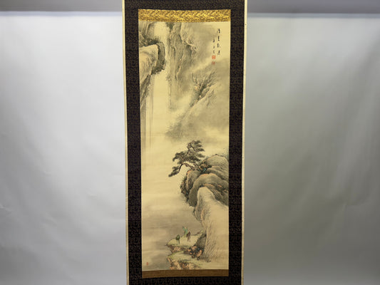 Y9437 KAKEJIKU Landscape Person signed Japan antique hanging scroll art interior