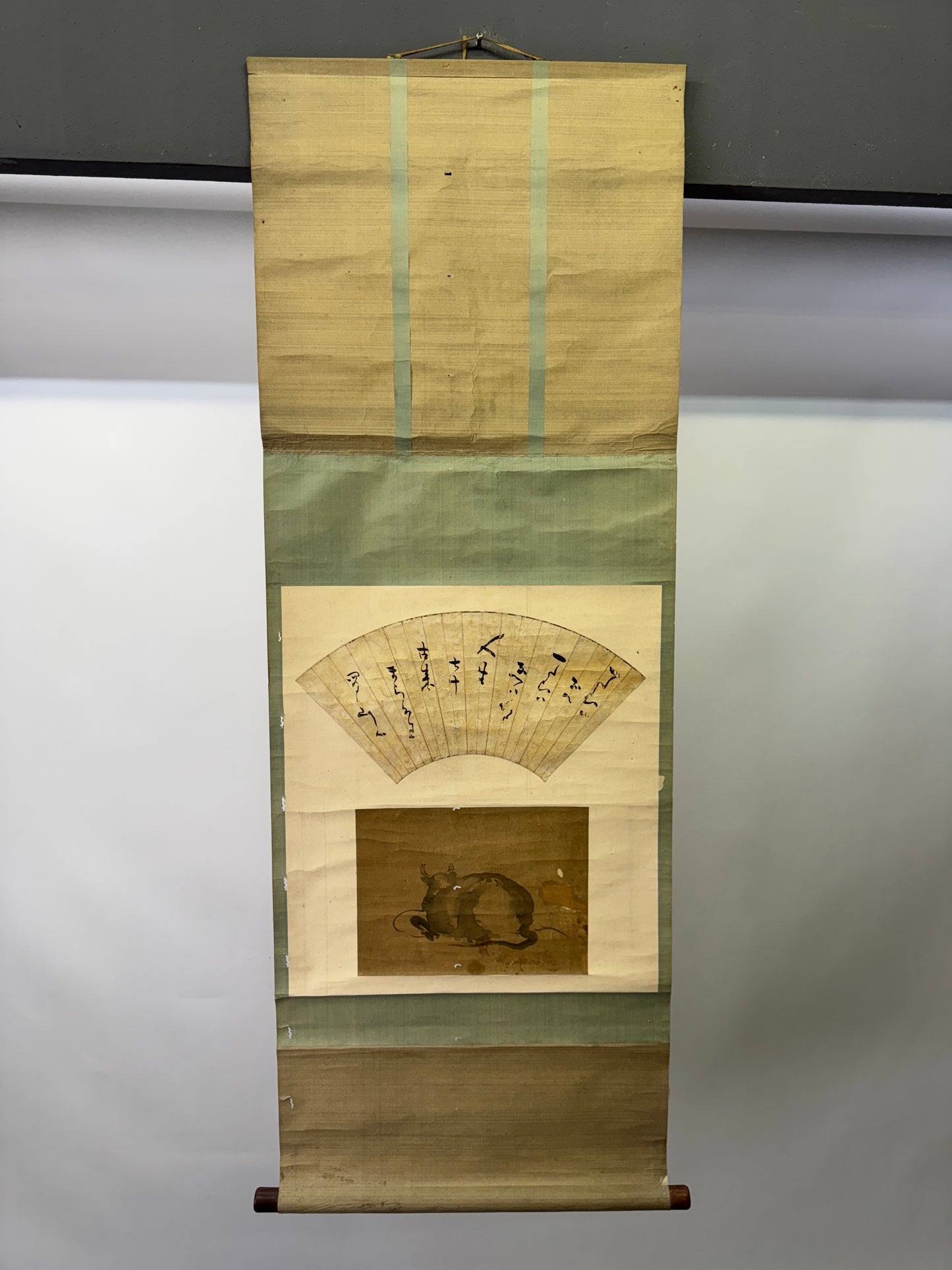 Y9438 KAKEJIKU Fan Cow signed Japan antique hanging scroll art interior decor