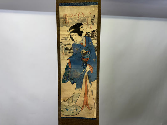 Y9441 KAKEJIKU Beautiful woman Kunisada Fireworks Japan antique hanging scroll