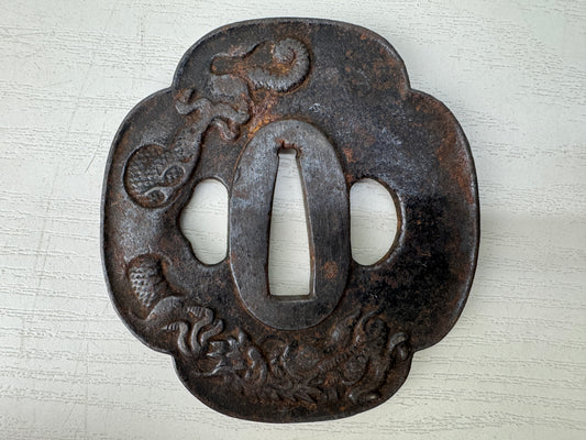 Y9450 TSUBA Iron sword guard Dragon signed Japan samurai katana koshirae edo