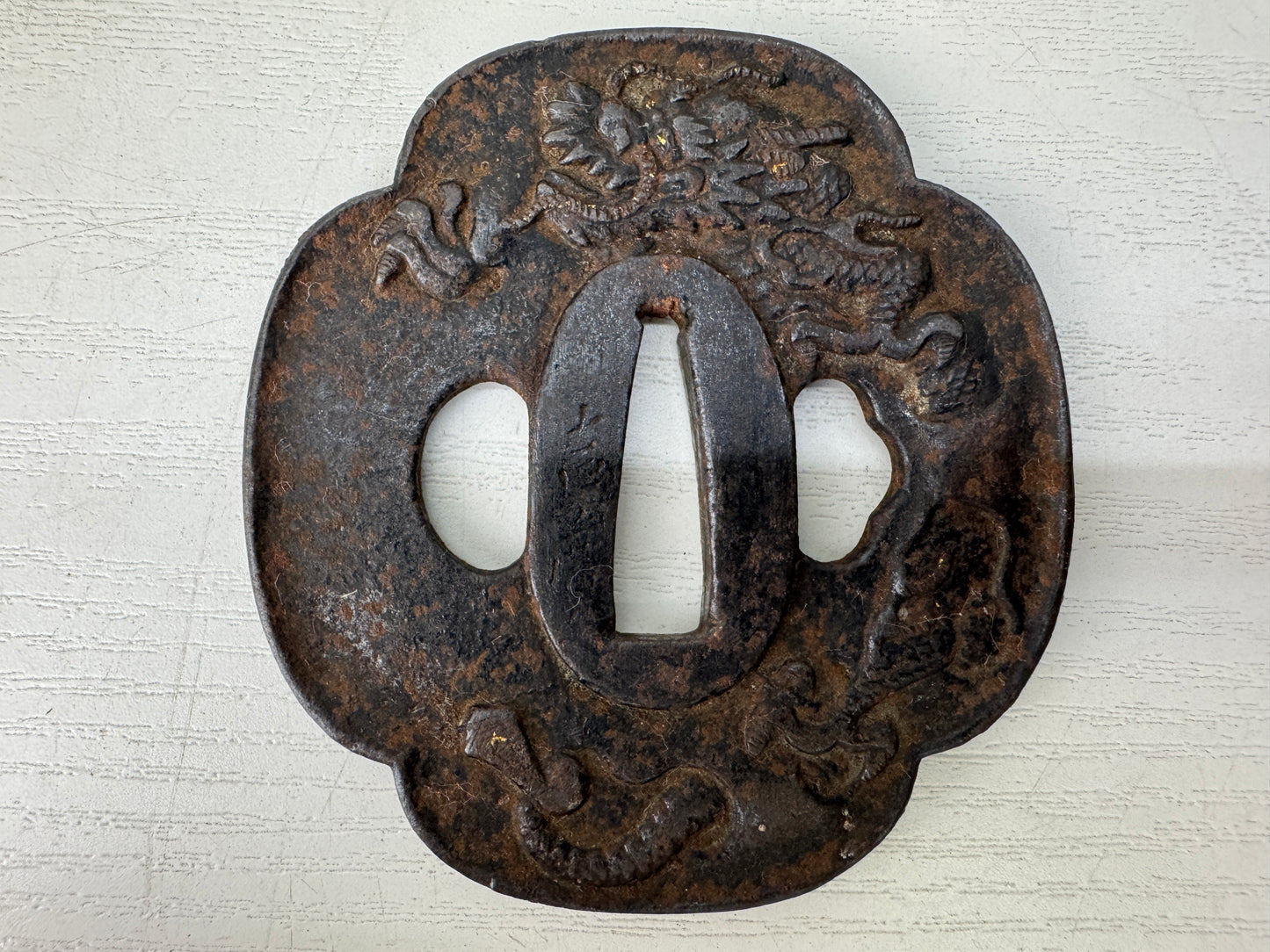 Y9450 TSUBA Iron sword guard Dragon signed Japan samurai katana koshirae edo