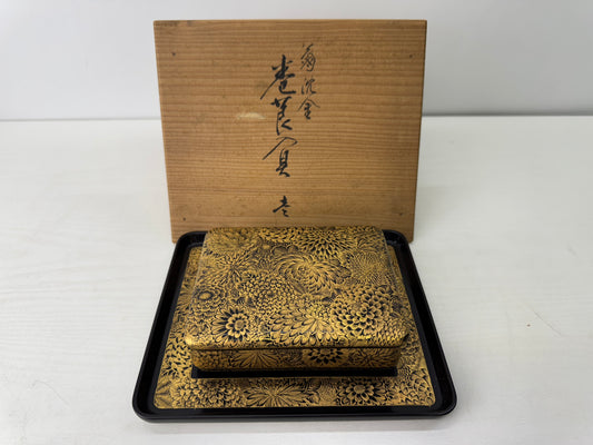 Y9457 BOX Gold-inlaid Makie small case signed Wajima lacquerware Japan antique