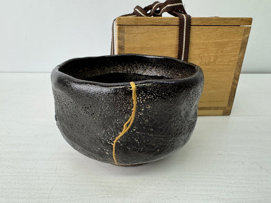 Y9464 CHAWAN Raku-ware black bowl Ryonyu signed box Japan antique tea ceremony