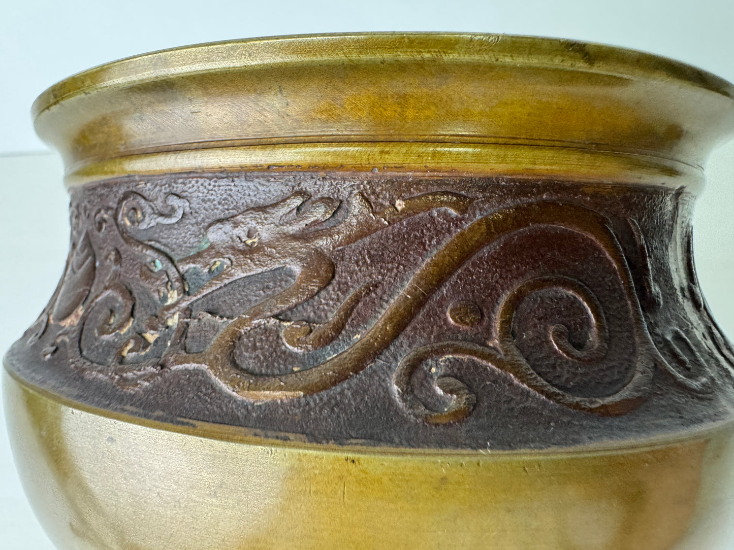 Y9470 KENSUI Copper water pot jar Dragon Jewel signed Japan antique tea ceremony