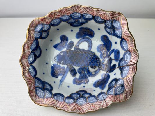 Y9474 CHAWAN Koimari bowl Carp kintsugi Jaoan antique tableware dish kitchen