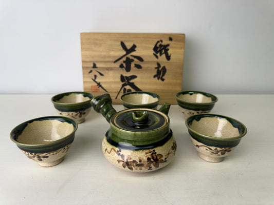 Y9476 CHAWAN Oribe-ware Sencha tea set signed box kyusu teapot cup Japan antique