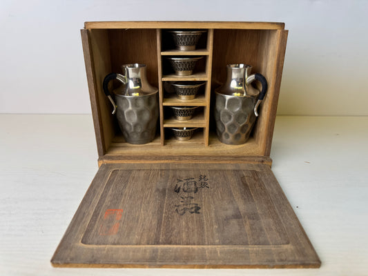 Y9481 CHOUSHI Tin Tokkuri Sake bottle cup set signed box Japan antique tableware