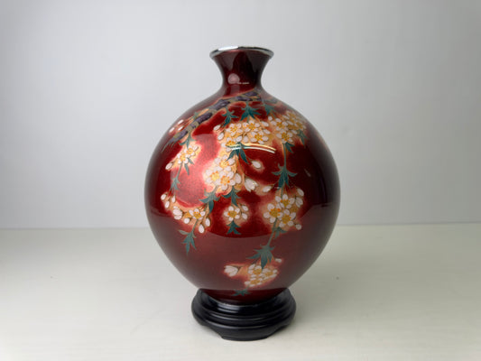 Y9483 FLOWER VASE Cloisonne Red signed Japan ikebana floral arrangement interior