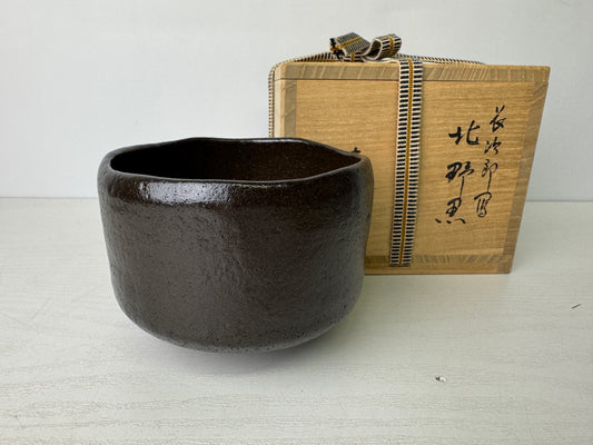 Y9491 CHAWAN Raku-ware Black bowl signed box Japan antique tea ceremony pottery