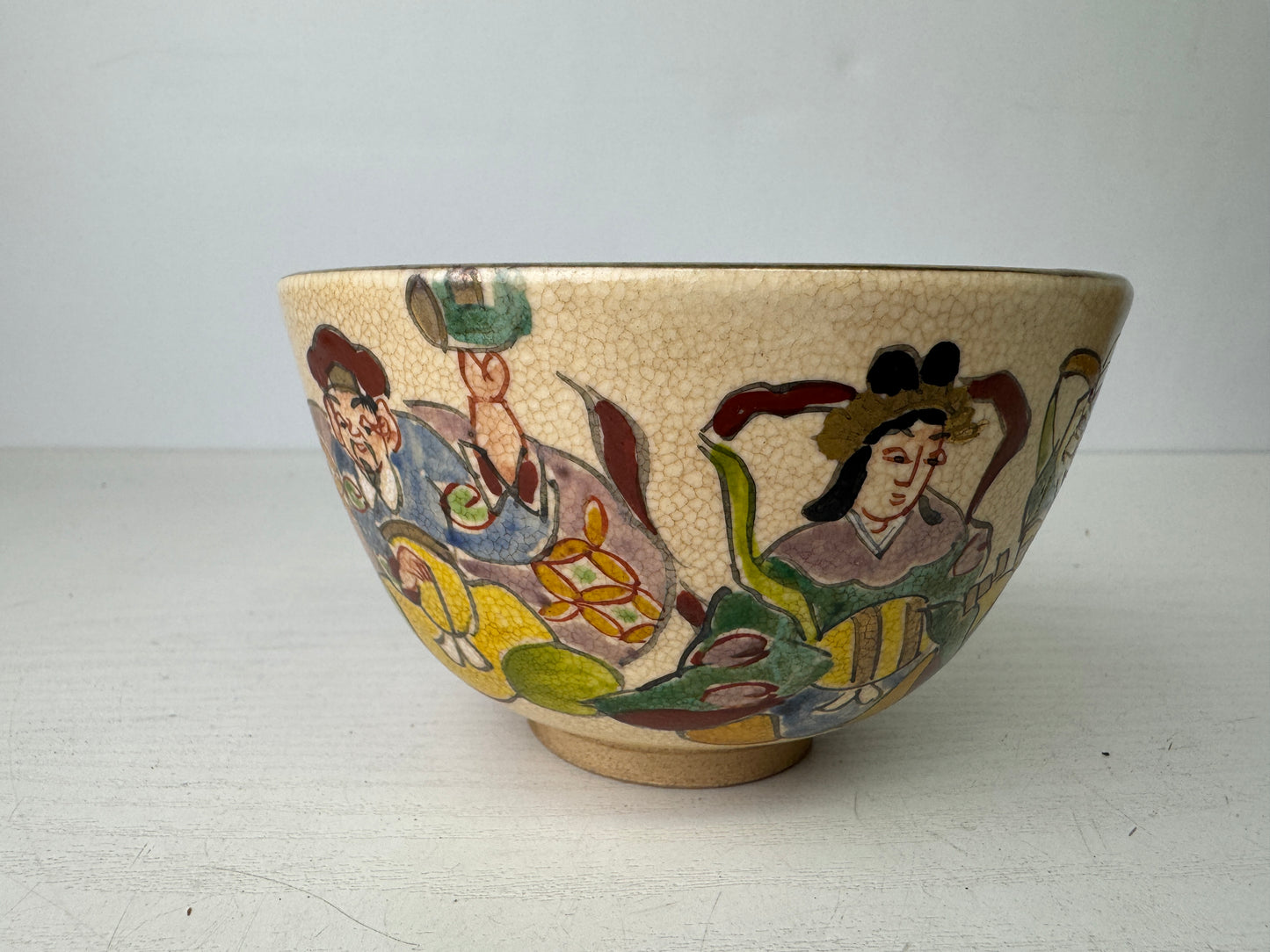 Y9493 CHAWAN Kyo-ware bowl color picture signed box Japan antique tea ceremony