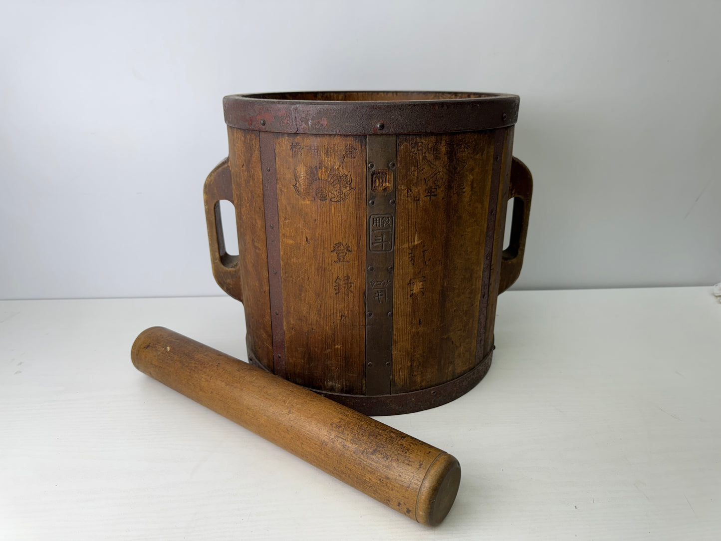 Y9498 BARREL wooden 18 liter tub container Japan antique folkcraft article tools