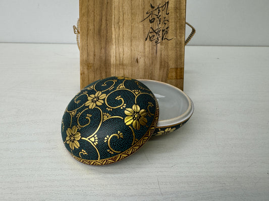 Y9514 BOX Kutani-ware Aochibu signed box Japan antique Incense Burner aroma