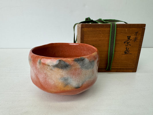 Y9524 CHAWAN Raku-ware red bowl signed box Japan antique tea ceremony pottery
