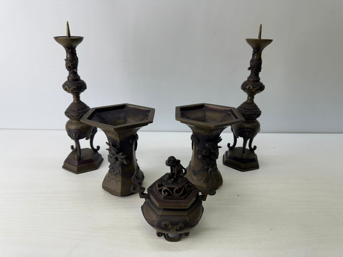 Y9537 Buddhist Altar Equipment 5 implements set Dragon Japan antique Buddhism