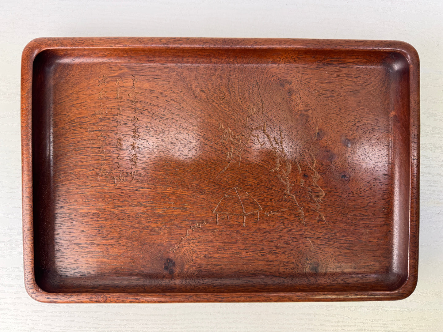 Y9556 TRAY Karaki wood carving signed Sencha tea Obon Japan antique tea ceremony