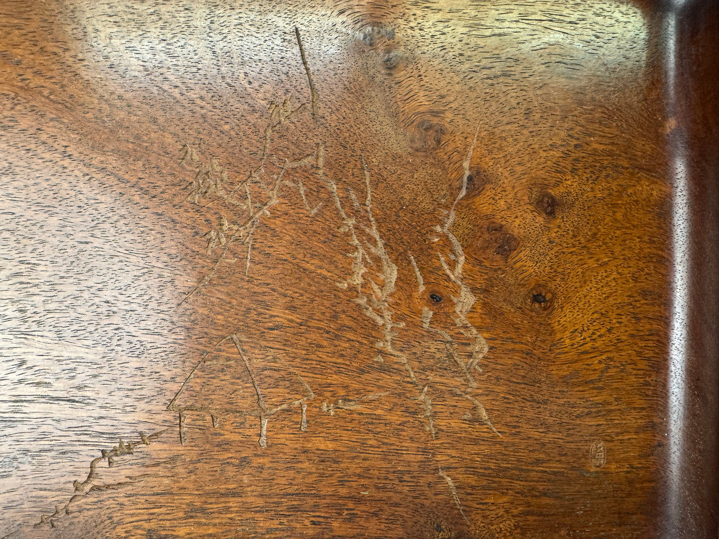 Y9556 TRAY Karaki wood carving signed Sencha tea Obon Japan antique tea ceremony